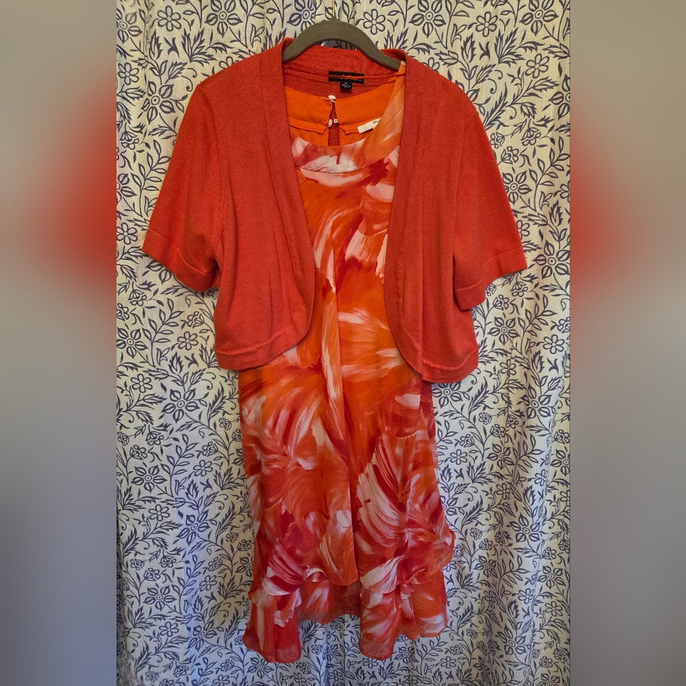 Studio One New York Bold Coral Flutter Dress With Marching Shrug Sweater